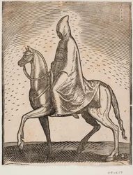 Reiter mit Mantel und Hut, Profil nach links; unter seinem Mantel ist ein Schwert zu sehen