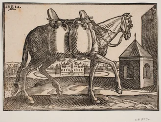 Pferd, Profil nach links; an seiner sichtbaren Seite hängen zwei keramische Behälter; vor dem Pferd ein quadratischer Brunnen mit spitzem Dach, hinter dem Pferd eine Burg mit Zinnen und Kuppeln, umgeben von einem kreisförmigen, wassergefüllten Graben