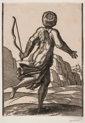 Laufender Bote, von hinten gesehen, in Felsenlandschaft; in der linken Hand ein Bogen, ein Bündel Pfeile steckt im Gürtel, in einer Schnur über der Schulter ein Köcher