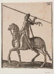 Berittener Soldat, Profil nach links; in seiner Hand hält er einen langen Speer, als ob er ihn werfen würde