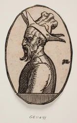Ovalmedaillon mit Büste eines Mannes mit hängendem Schnurrbart und Hut mit vier Klappen; die linke Seite des Gesichts des Mannes ist im Profil zu sehen