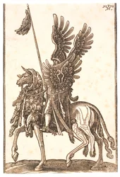 Reich ausgestatteter Reitersoldat mit Adlerflügeln auf Schild, Helm und Lanze. Der Vorderteil seines Pferdes ist mit einer Löwenhaut bedeckt