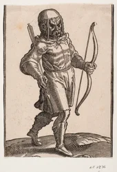 Soldat, gehend nach rechts; Stiefel und kniekurze Tracht; in der linken Hand ein Bogen, in der rechten Hand ein Pfeil