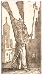 Stehender Soldat mit einem Schild, der mit Adlerflügeln verziert ist, und einem Helm, der mit einer riesigen Feder geschmückt ist