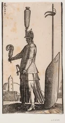 Stehender Soldat mit Helm, Profil nach links, eine Feder in seiner ausgestreckten Hand haltend; hinter ihm lehnt ein mondgeschmückter Schild an einer in den Boden gesteckten Lanze