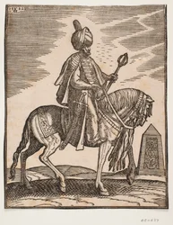 Reiter mit Turban, Schwert an der rechten Seite und Keule in der linken Hand, Profil nach rechts; im Hintergrund ein Obelisk