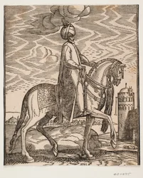 Reiter mit Turban, mit Keule an der rechten Seite des Pferdes; Profil nach rechts; auf der rechten Seite des Bildes eine Mauer mit einem Tor und einem runden Turm