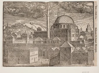 Unidentifizierte Moschee mit 2 Minaretten, von Südosten gesehen; links ein Berg mit befestigter Stadt