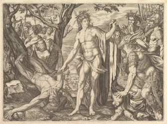 Apollo und Marsyas und das Urteil des Midas: rechts Midas mit den Ohren eines Esels, 1581