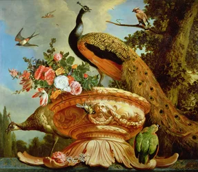 Ein Pfau auf einer dekorativen Urne