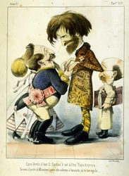 Karikatur über Giuseppe Verdi und Napoleon III nach der Oper Don Carlos in Paris 1867. Karikatur von Melchiorre Delfico. Private Sammlung Mailand