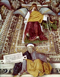 Darstellung von Baruch (Baruch ben Neria), Schüler von Jeremia, und einem Engel. Fresko von Melozzo da Forli (Melozzo degli Ambrosi) (1438-1494). Kuppel der Sakristei von Sankt Markus (Marco), Heiligtum der Santa Casa, Loreto