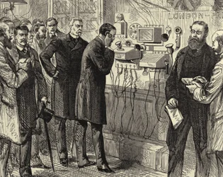 Eröffnung der anglo-englischen Telefonleitung. Das erste Telefongespräch von London nach Paris im General Post Office, London. Bell-Instrumente wurden am Londoner Ende verwendet. Holzstich Paris 28. März 1891. Gravur.