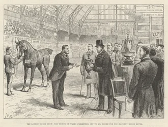 Die Londoner Pferdeschau, der Prinz von Wales überreicht Mr. Moore den Pokal für sein Hackney-Pferd Rufus