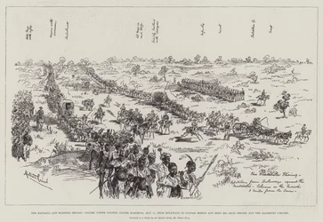 Der Matabili- und Mashona-Aufstand, Kolonne unter Oberst Napier marschiert am 11. Mai von Buluwayo, um Rebellen zu bestrafen und Mr. Cecil Rhodes und die Salisbury-Kolonne zu treffen