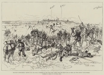 Der Krieg im Sudan, Schlacht von El Teb, 29. Februar, Erstürmung des ersten Forts, bewaffnet mit zwei Krupp-Geschützen, durch die 65. und 75. Gordon Highlanders