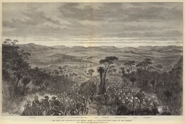 Der Zulukrieg, Vormarsch der britischen Truppen auf Ulundi, die Kraal des Königs in der Ferne