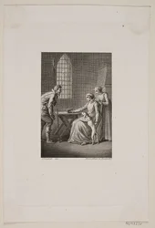 Illustration mit einem Wächter vor einer sitzenden und einer stehenden Frau