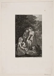 Illustration mit vier Personen um einen kranken Jungen im Wald