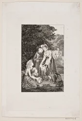 Illustration mit vier Personen um einen kranken Jungen im Wald