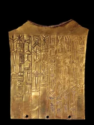 Mesopotamien: Goldene Votivplatte in Form eines Bartes, gewidmet dem Gott Sara. Mit Keilschriftinschrift. Aus Ummah