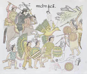 Schlacht von Michoacán zwischen den Spaniern und den Azteken, Illustration aus einem Faksimile der mexikanisch-indianischen Bilderchronik Lienzo de Tlaxcala von ca. 1550, 1892
