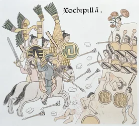 Schlacht von Xochipilla zwischen den Spaniern und den Azteken, Illustration aus einem Faksimile der mexikanisch-indianischen Bilderchronik Lienzo de Tlaxcala von ca. 1550, 1892