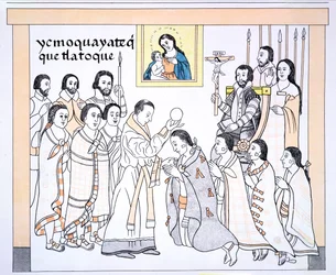 Kaziken empfangen die Kommunion von einem Priester im Haus von Hernando Cortes (1485-1547), Illustration aus einer Faksimile einer mexikanischen indianischen Bildgeschichte Lienzo de Tlaxcala von ca. 1550, 1892
