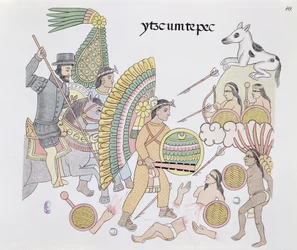 Hernando Cortes (1485-1547), unter Belagerung in Tenochtitlan, beschließt die Stadt zu verlassen, Illustration aus einer Faksimile einer mexikanischen indianischen Bildgeschichte Lienzo de Tlaxcala von ca. 1550, 1892