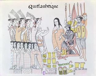 La Malinche (Doña Marina) als Dolmetscherin bei der Übergabe von Frauen und Gold durch Montezuma (1466-1520) an Hernando Cortés (1485-1547), Abbildung aus dem Faksimile eines mexikanisch-indianischen Bildes
