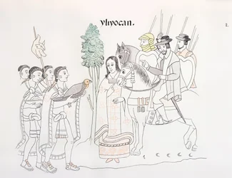 Treffen von Hernando Cortes (1485-1547) und den Azteken, Illustration aus einer Faksimile einer mexikanischen indianischen Bildgeschichte Lienzo de Tlaxcala von ca. 1550, 1892