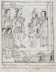 Montezuma trifft Cortez, aus Historia de Tlaxcala von Diego Muñoz Camargo