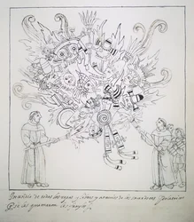 Franziskanermönche verbrennen traditionelle Bücher und Kleidung, aus Historia de Tlaxcala von Diego Muñoz Camargo