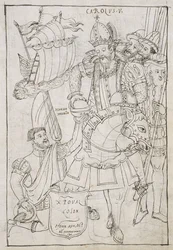 Christoph Kolumbus bietet symbolisch die Neue Welt Karl V. an, aus Historia de Tlaxcala von Diego Muñoz Camargo