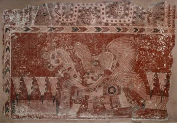 Wandfragment mit Elite-Mann und Maguey-Kaktusblättern, Teotihuacán-Stil, Klassische Periode, 500-550