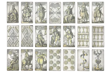 Detail eines äußerst seltenen Satzes von 52 Spielkarten, graviert in den vier italienischen Farben, Augsburg