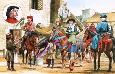 Canterbury Tales. Pilger brechen vom Tabard Inn auf.