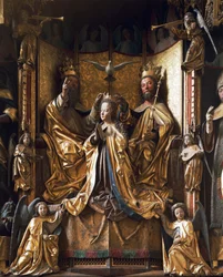 Altar der Krönung der Jungfrau, um 1470-1480, geschnitztes Holz, alte Pfarrkirche Gries, San Quirino, Bozen, Trentino-Südtirol, Italien