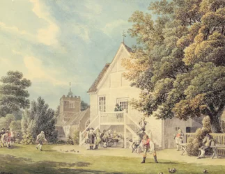 Ein Spiel von Bowls auf dem Bowling Green vor dem Gasthaus Bunch of Grapes, Hurst, Berkshire