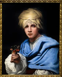 Junge mit Turban, der einen Blumenstrauß hält