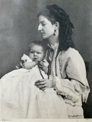 Königin Margarete von Savoyen mit ihrem Sohn Viktor Emanuel