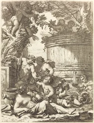 Putti mit Trauben und eine sitzende Bacchantin