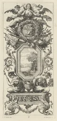 Ornamentales Paneel mit zwei Figuren, die sich auf die Büste einer Frau stützen