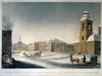 Das Arsenal von St. Petersburg an der Gießerei-Allee. Werk von Michel Francois Damam Demartrait (1763-1827). Aquarell auf Papier, um 1820, französische Kunst. Staatliches Russisches Museum