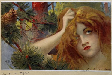 Rothaarige Frau schaut besorgt, hält ihren Kopf - Chromo. von Simondy