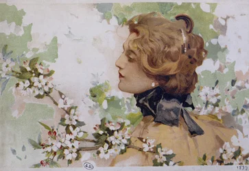 Frau unter den Blumen - Chromolithografie von Simondy