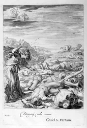 Apollo und Diana töten Niobes Kinder mit ihren Pfeilen: Sie wird zu Stein, 1655