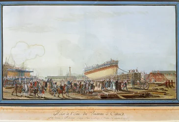 Der Stapellauf des Schiffes Le Caton im Hafen von Toulon in Anwesenheit des Grafen der Provence im Juli 1777 (Gouache)
