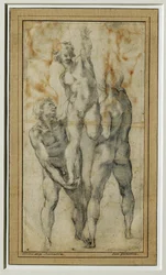 Zwei nackte Männer heben einen dritten, um 1502-06