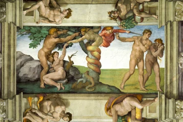 Decke der Sixtinischen Kapelle: Der Sündenfall und die Vertreibung aus dem Garten Eden, mit vier Ignudi
